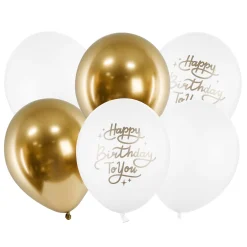 Latexballoner 6-pak Ø30 cm – hvide og guldfarvede med teksten Happy Birthday
