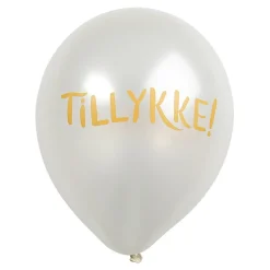 Latexballoner 6-pak Ø30 cm – lyse perlemorsfarvede balloner med teksten Tillykke!