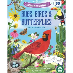 Lær at tegne fugle, insekter og sommerfugle – lærerig malebog med 50 stickers