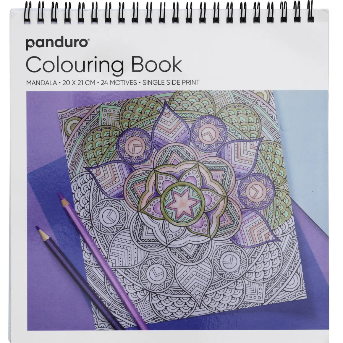Malebog Mandala, spiralbundet, 20×21 cm, 24 motiver, 120 g/m²