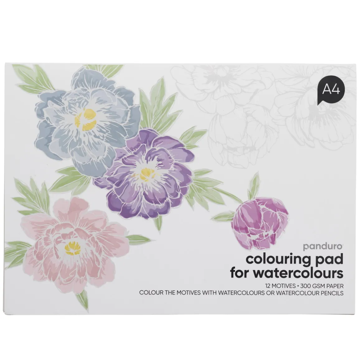 Malebog til akvarel med 12 blomstermotiver, L A4 (297×210 mm), 300 g/m²