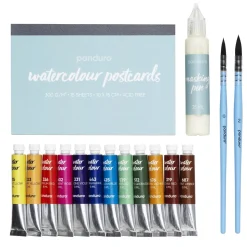 Mal flotte postkort med akvarelfarve! Akvarelblok, 12×8 ml farve + 2 pensler