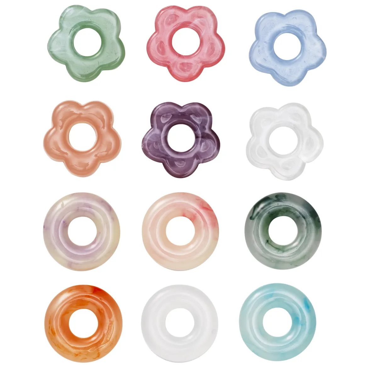 Mellemdel blomster og donut 12 stk. 6 af hver. Ø20 mm, ikke forsynet med hul