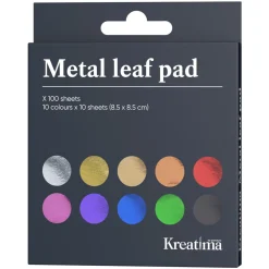 Metalblade bladguld (uægte) til ler. 8,5×8,5 cm i 10 forskellige farver. I alt 100 stk.