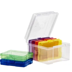 Opbevaringskasse af plast, 18,5×21,5×14 cm, med 6 kasser i forskellige farver à 17×12×3 cm