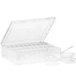Opbevaringskasse i transparent plast med 30 små æsker, 22×17,5×6 cm