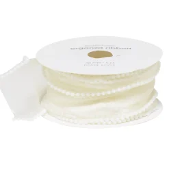 Organzabånd med perlekant, hvid/let cremefarvet. 38 mm bredt og 5 meter langt