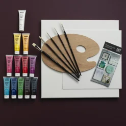 Panduro Acrylic startsæt – 12 matte akrylfarver, pensler, palet og to malerlærreder