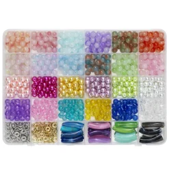 Perlemix med 720 glasperler i 24 farver, 24 lange tubeperler samt mellemdele