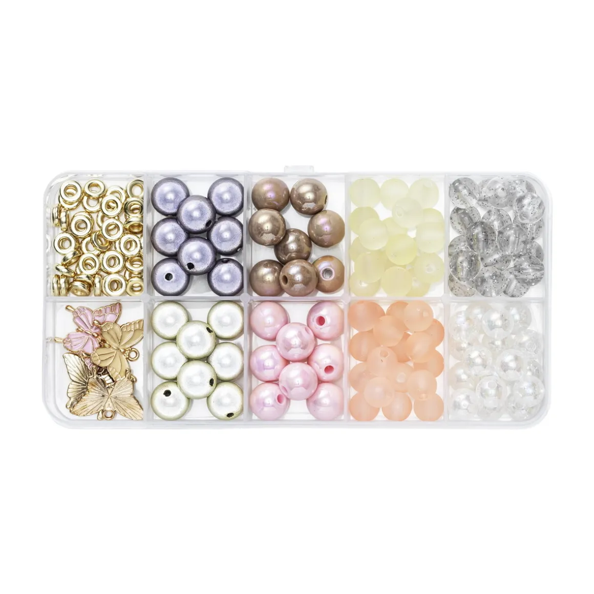 Perlemix med pastelfarvede runde perler (Ø8/10 mm) og 4 sommerfugle-charms