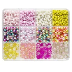 Perlemix med 3 slags perler af glas og plast i 12 muntre nuancer