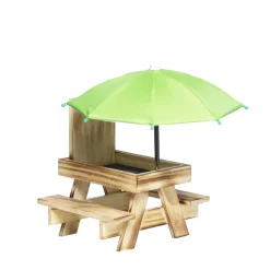 Picnicbord i træ med parasol – fodr fugle og egern! 21x18x22/27 cm