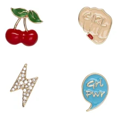 Pins, badges, 4 stk. gyldne og farverige små mini-brocher med Girlpower!