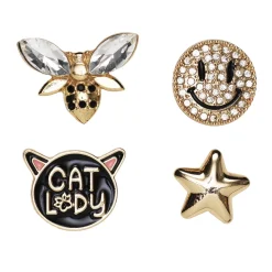 Pins, badges, 4 stk., gyldne, sorte små mini-brocher med bling