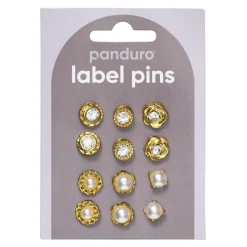 Pins, badges, 12 stk. smukt gyldne og glitrende små mini-brocher Ø10-12 mm