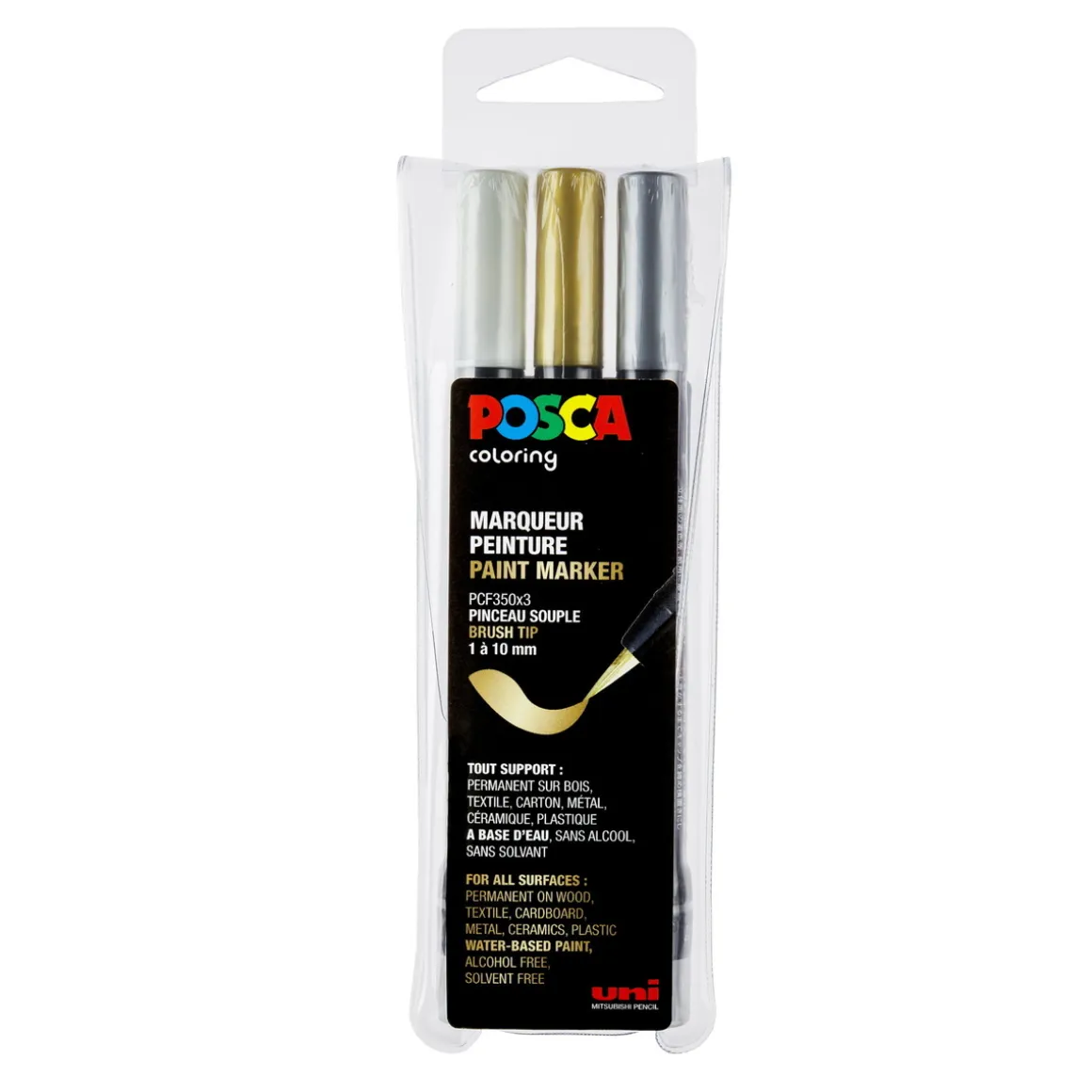 Posca Brush PC-350 3-pak – guld / sølv / hvid