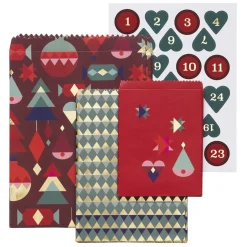 24 poser af papir, grafisk juletema med guldmetallic, 3 størrelser × 8 stk. + stickers 1-24