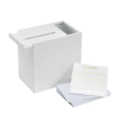 Postkasse i hvidmalet træ 15×15×10 cm, 50 stk. A6-kort og 9 klistermærker