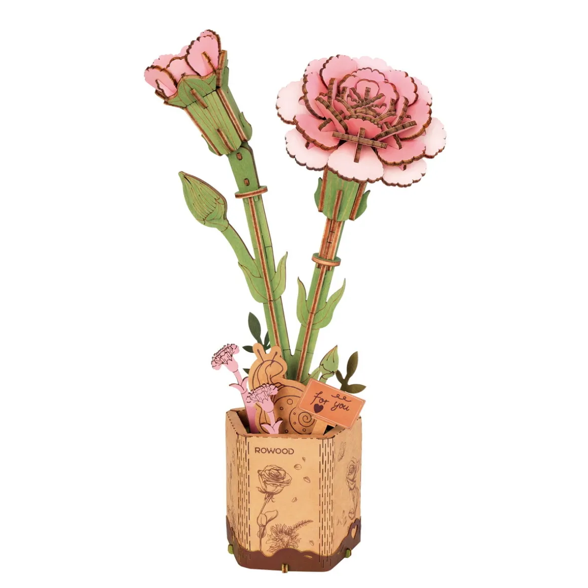 Rolife DIY Wooden Flower 3D-puslespil træblomst TW051 Pink Carnation 120×70×290 mm