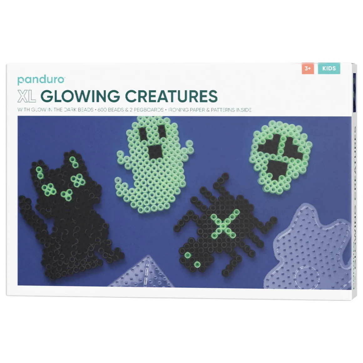 Rørperler XL kit Glowing Creatures – 600 sorte og selvlysende XL-perler + 2 perleplader