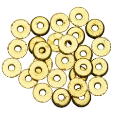 27 runde, flade, guldfarvede perler af metal – Ø 6 mm, 2 mm tykkelse
