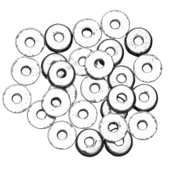 27 runde, flade, sølvfarvede perler af metal – Ø 6 mm, 2 mm tykkelse