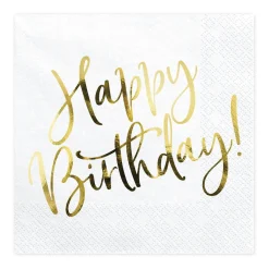 Servietter, 20-pak med tekst i guldmetallic: Happy Birthday – 16,5×16,5 cm