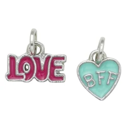 Sølvfarvede charms-vedhæng, Love 14×5 mm, BFF-hjerte 10×10 mm