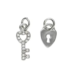 2 sølvfarvede vedhæng/charms lås 8×10 mm, nøgle simili 6,5×16,8 mm