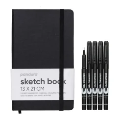 5 sorte fineliners og praktisk skitsebog på 13×21 cm