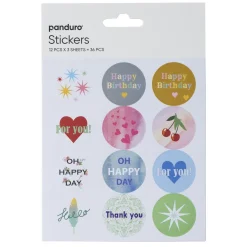 Stickers, Hilsener, tak og lykønskninger, 3 ark med i alt 36 klistermærker