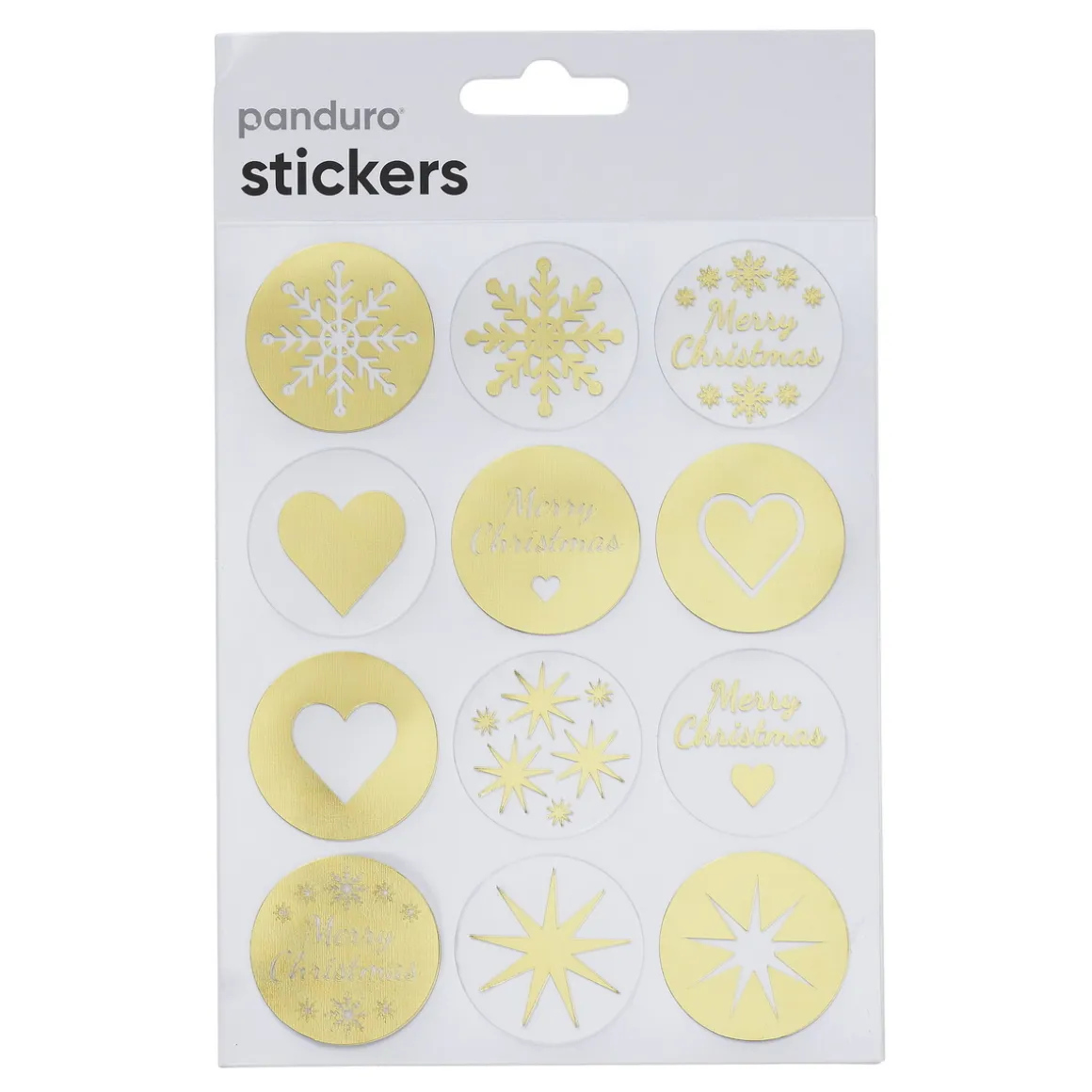Stickers Jul, guldfarvede og transparente klistermærker i 12 forskellige varianter, Ø3,5 cm. 36 stk.