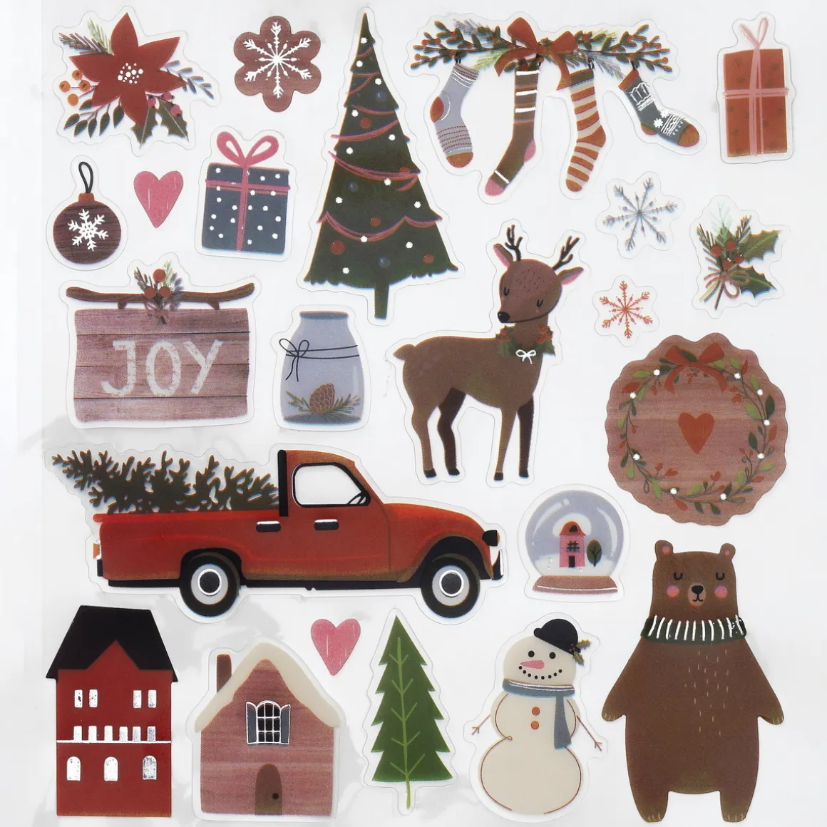 Stickers Jul, klistermærker klassiske julemotiver i rødt, grønt og sølv, 13×12 cm ark