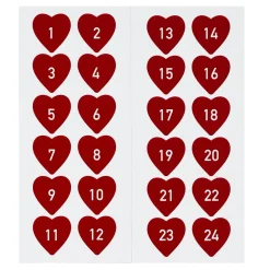 24 stickers/klistermærker med tallene 1-24, røde hjerter med hvide tal