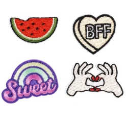 Stickers, 4 stk. broderede klistermærker – melon, BFF, regnbue og hænder