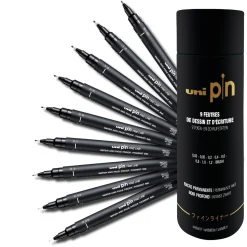 Uni Pin Fineliners, sæt i rør med 9 fineliners – 0,05 til 1,2 mm + brushpen