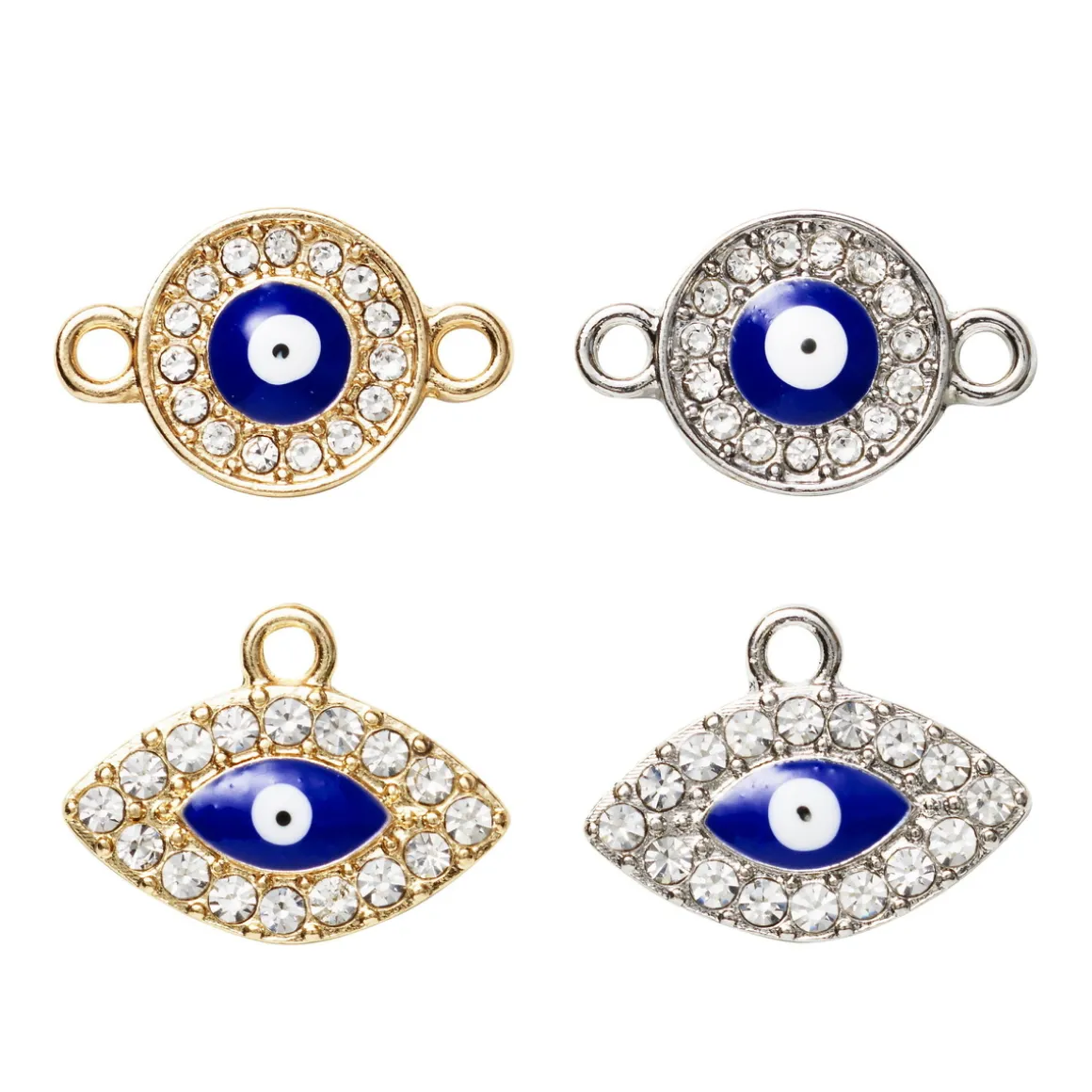 Vedhæng charms 2 par øjne, evil eye og ovale, guld- og sølvfarvede med simili