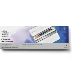 Winsor & Newton Cotman Travel Tin, 12 half pans + metaletui med 12 tomme pladser